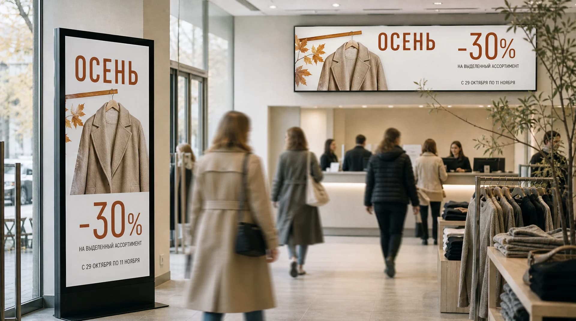 Вертикальная рекламная стойка у входа в магазин и широкая панель над кассой показывают одну и ту же осеннюю акцию, свёрстанную под каждый формат