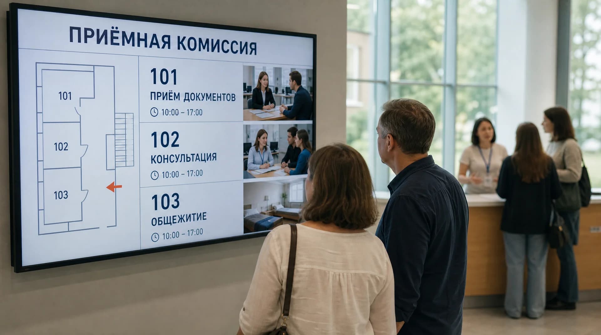 Абитуриент с родителями у информационного экрана с навигацией по корпусу рядом со стойкой приёмной комиссии