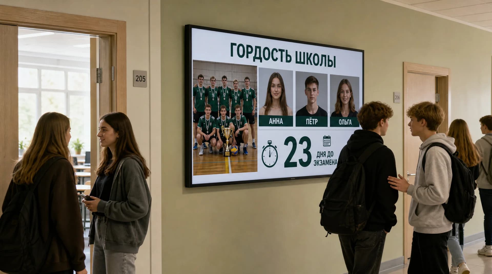 Экран с объявлениями и фотографиями учеников в школьном коридоре, дети идут мимо на перемене