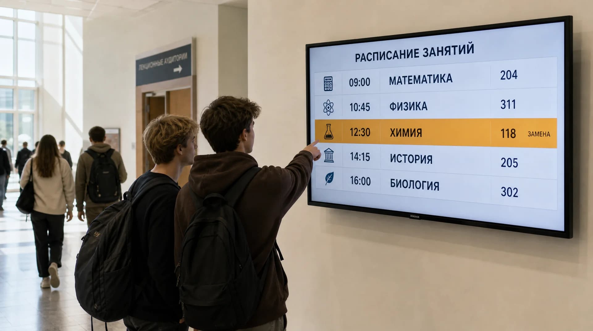 Студенты у экрана с расписанием занятий в холле учебного корпуса: сетка пар со временем и номерами аудиторий