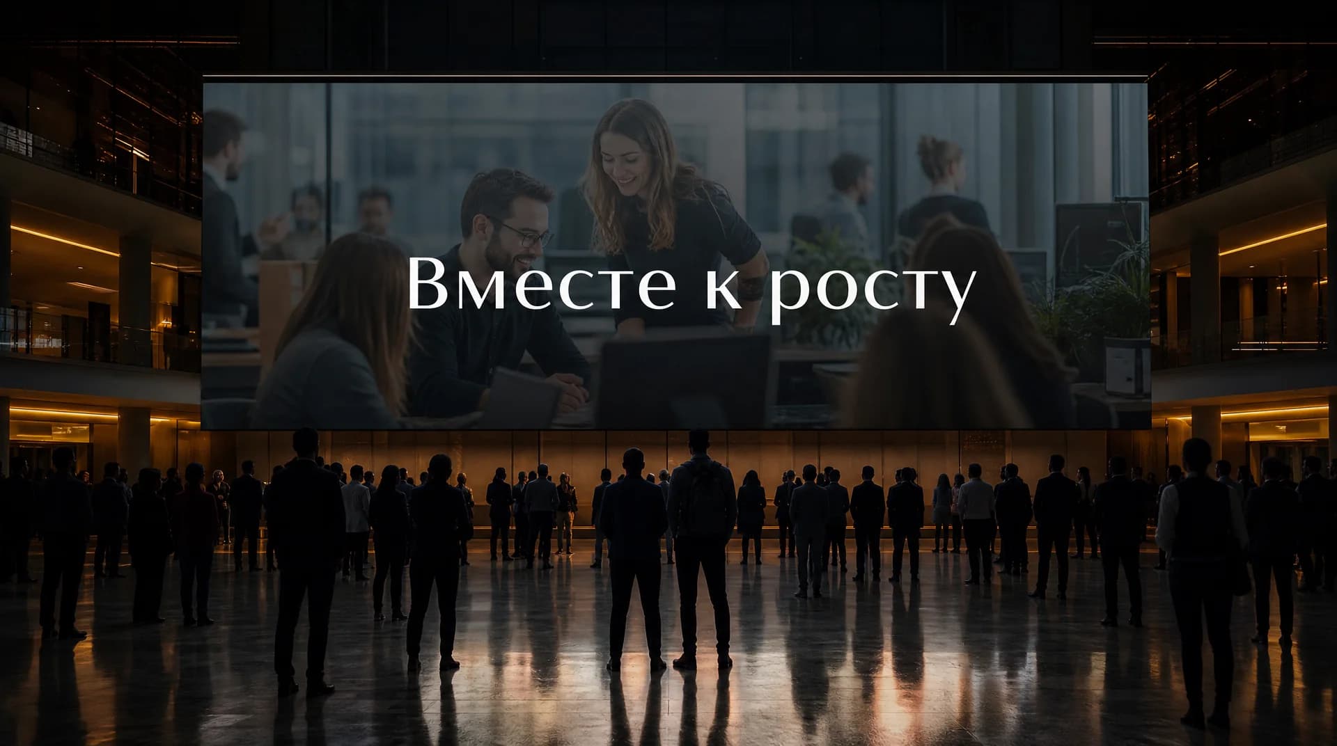 Огромный экран в атриуме офиса во время общего собрания компании показывает объявление из ленты Битрикс24, сотрудники стоят перед ним силуэтами