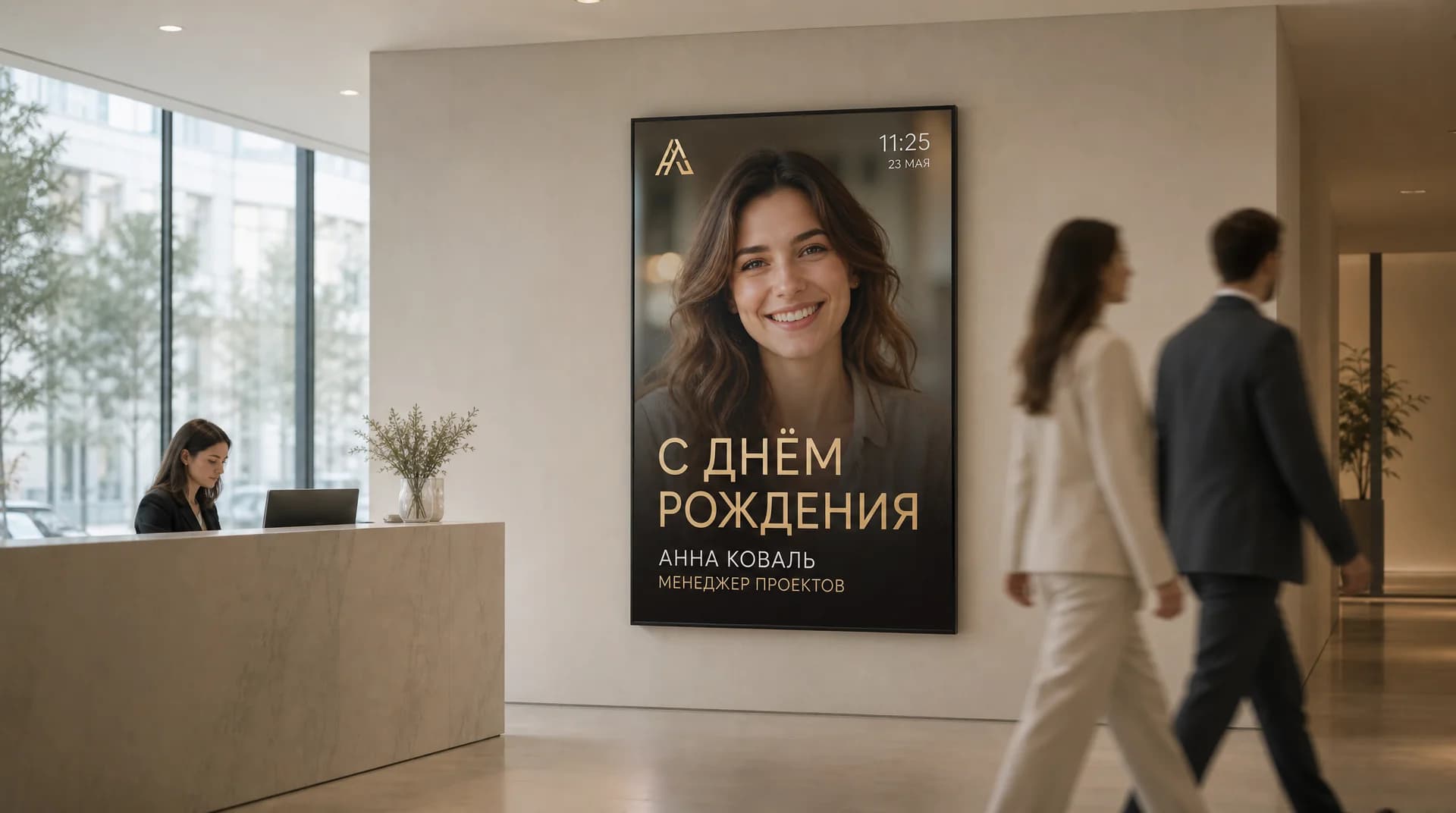 Вертикальная видеопанель у ресепшн офиса показывает поздравление с днём рождения сотрудницы: портрет, имя и должность из карточки Битрикс24