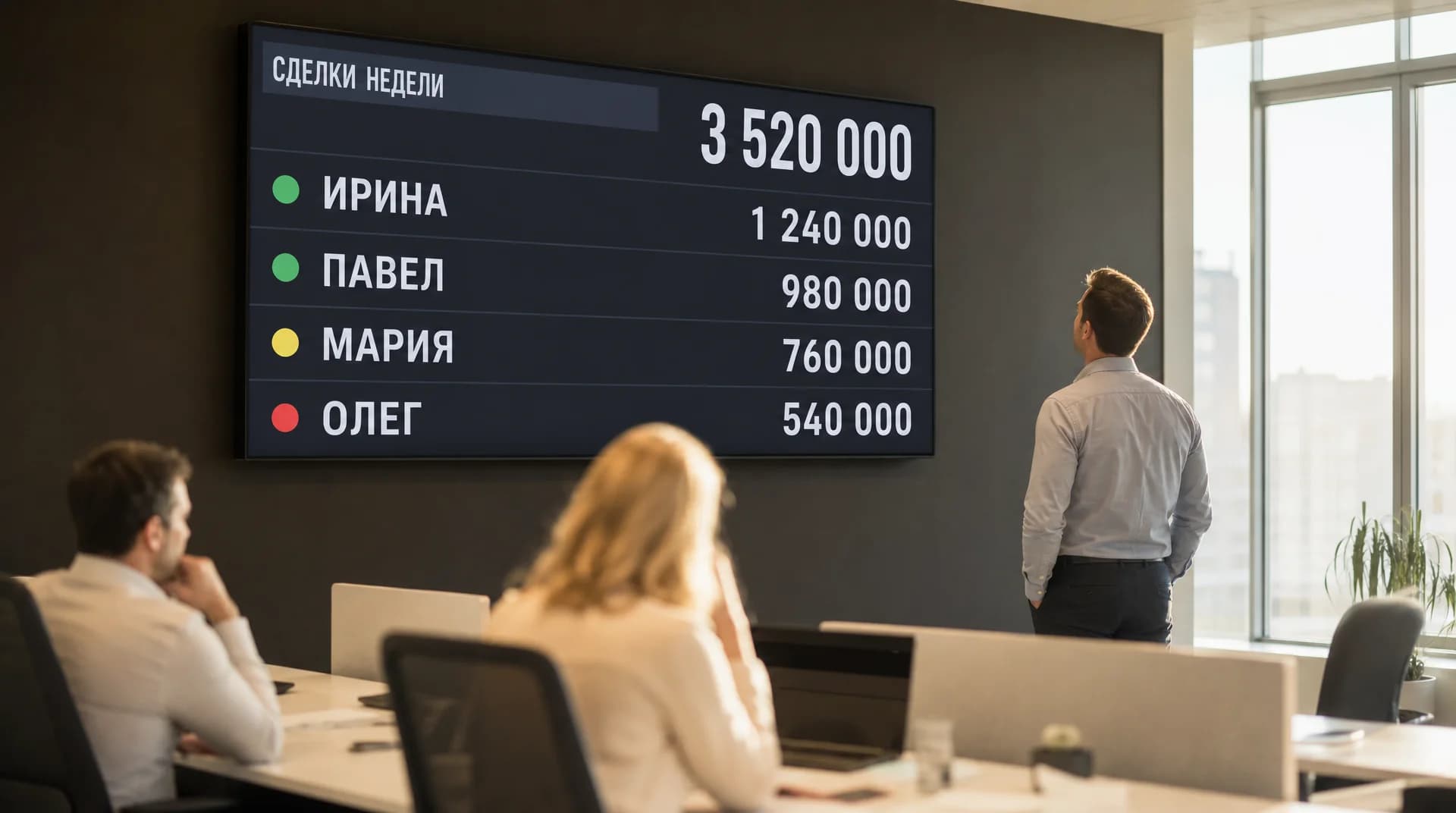Тёмное табло над рабочими местами отдела продаж показывает сделки недели из CRM Битрикс24: менеджеры, суммы и общий итог