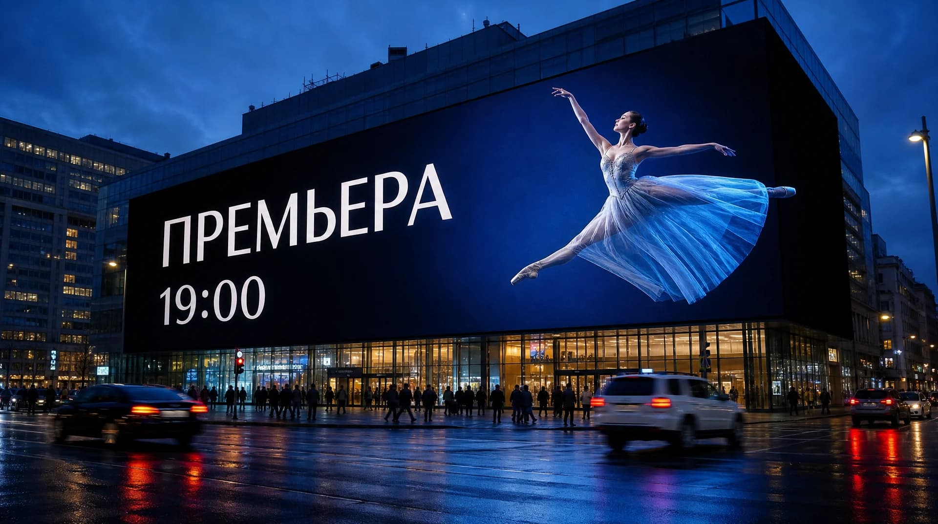 Медиафасад на здании театра с афишей вечернего спектакля