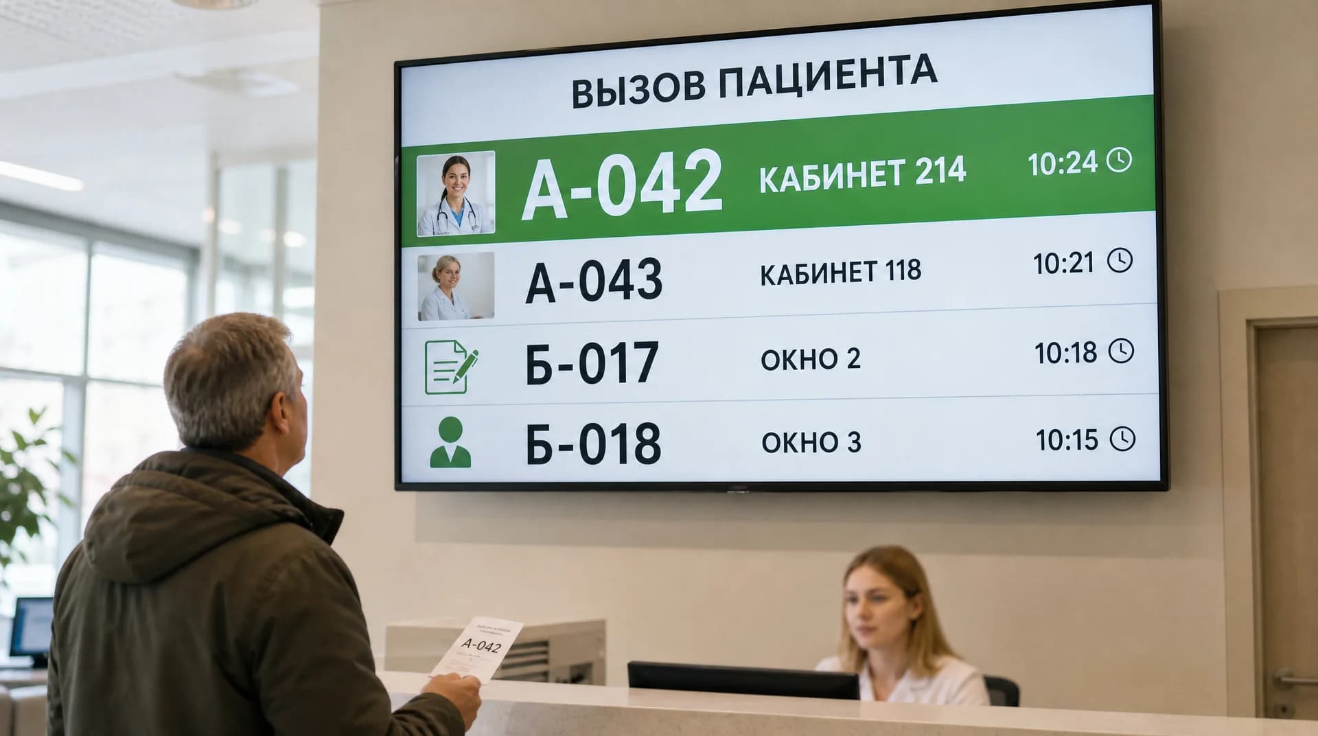 Табло вызова пациентов над регистратурой клиники: номера талонов и номера кабинетов крупными строками, пациент с талоном в руке