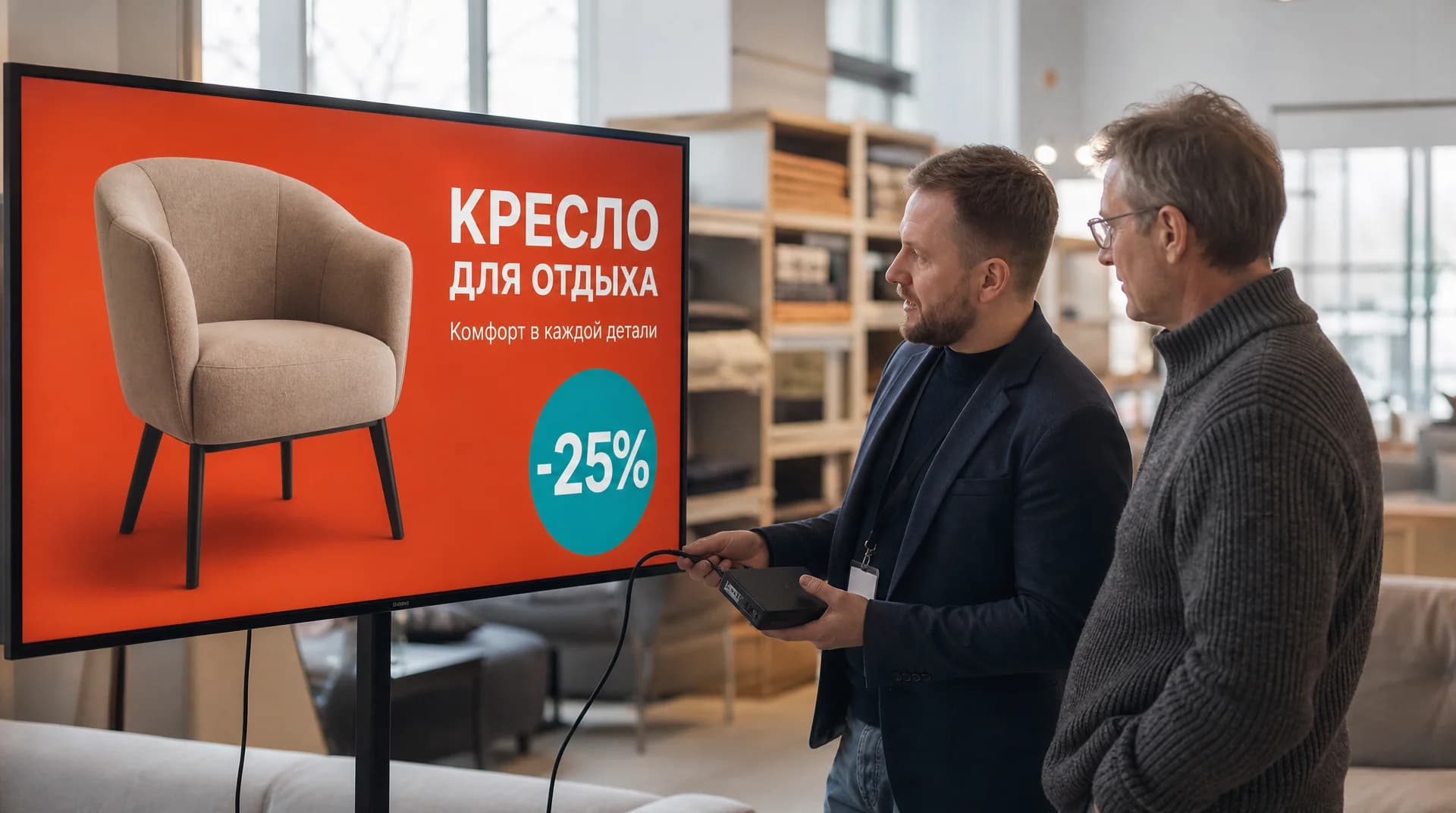 Менеджер интегратора подключает компактный медиаплеер к экрану на стойке в мебельном магазине, на экране рекламный борд со скидкой, владелец магазина смотрит на результат