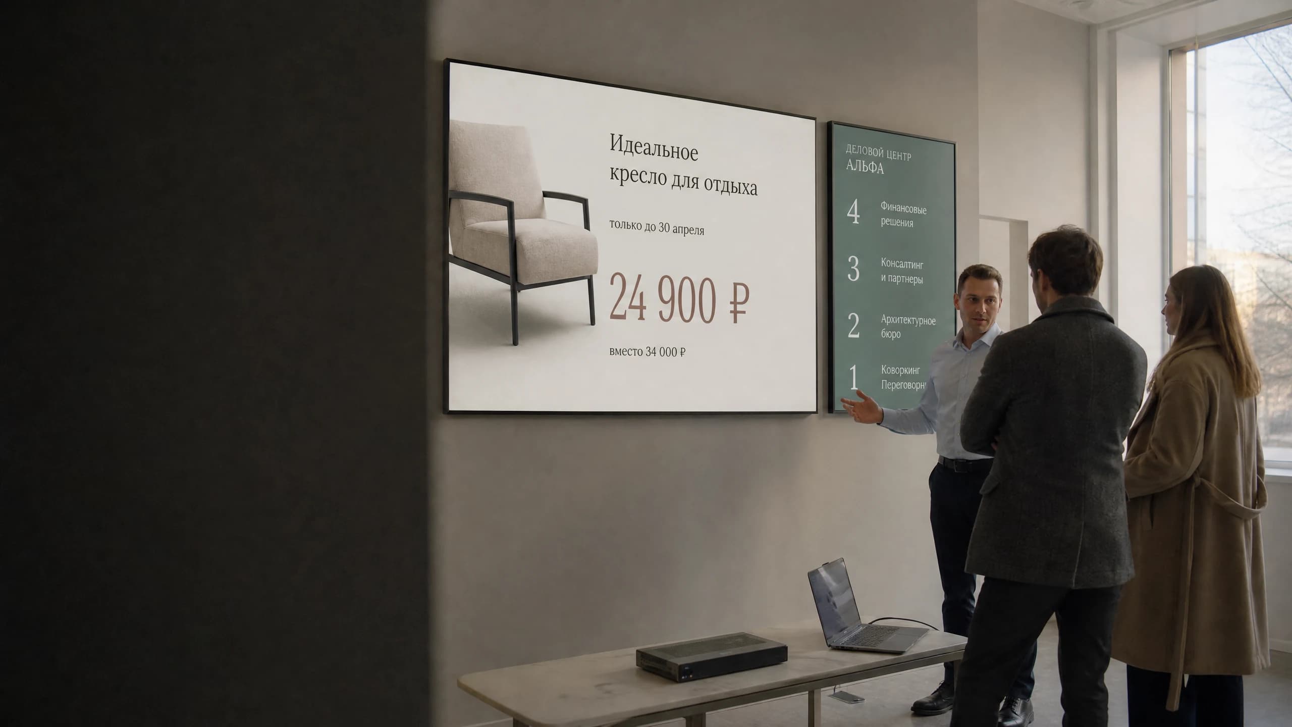 Менеджер компании-интегратора показывает заказчикам работу digital signage в демо-зале: на широком экране витринный постер, на вертикальной панели рядом навигация по этажам бизнес-центра