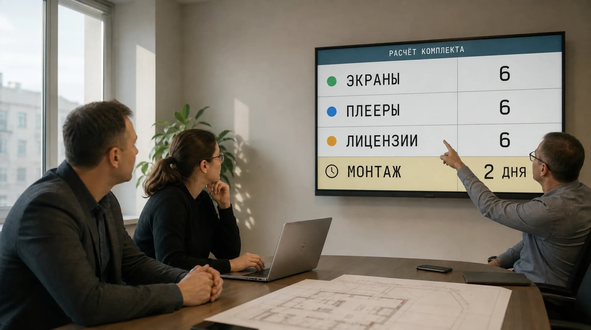 Менеджер и инженер интегратора считают комплект вместе с заказчиком: на экране в переговорной расчёт — экраны, плееры, лицензии и срок монтажа, на столе план объекта