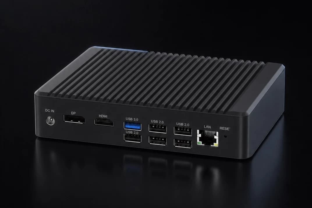 Медиаплеер CVP-260 в три четверти на тёмном фоне: компактный безвентиляторный корпус с рёбрами радиатора, на задней панели DisplayPort, HDMI, USB и Ethernet