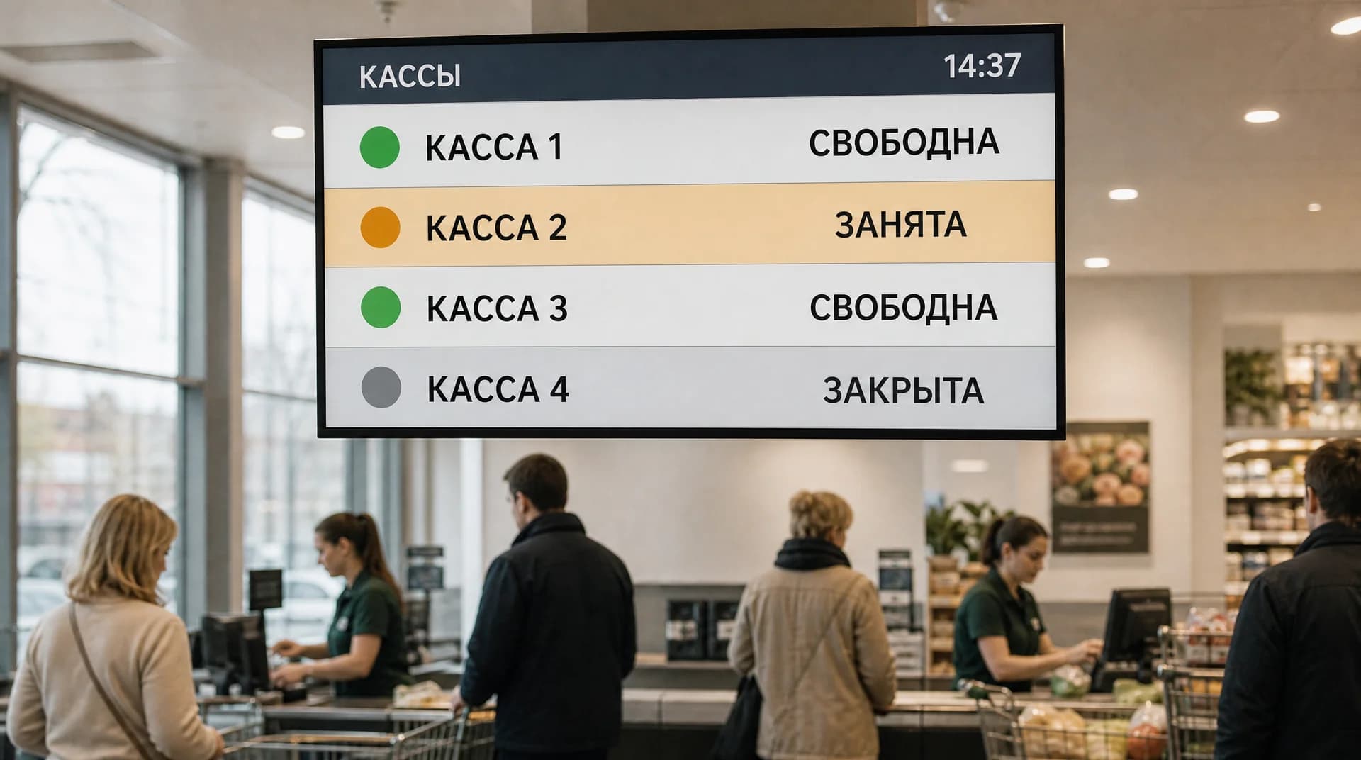 Экран с табло свободных касс над кассовой зоной супермаркета, покупатели с тележками у касс