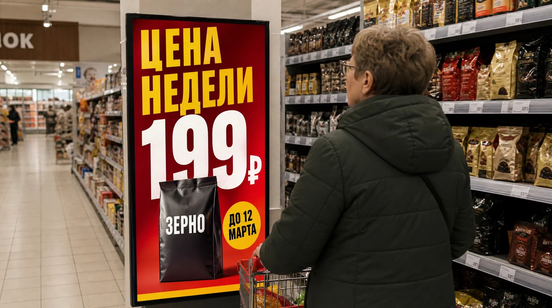 Вертикальный экран с ценой недели у торца стеллажа в супермаркете, покупатель с тележкой читает акцию