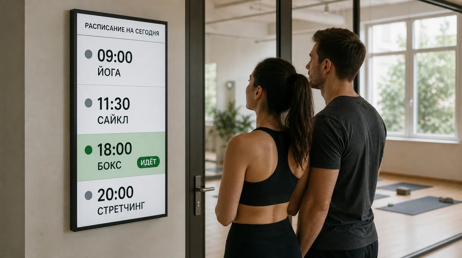 Электронное расписание групповых занятий на вертикальном экране у входа в студию фитнес-клуба: время, направление и отметка идущего занятия