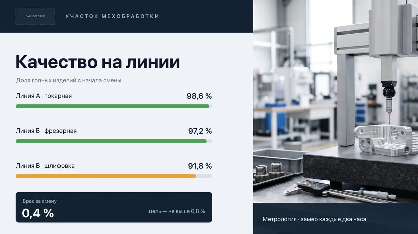 Шаблон сводки качества на участке: доля годных изделий по линиям полосами, доля брака за смену и фотография цеха