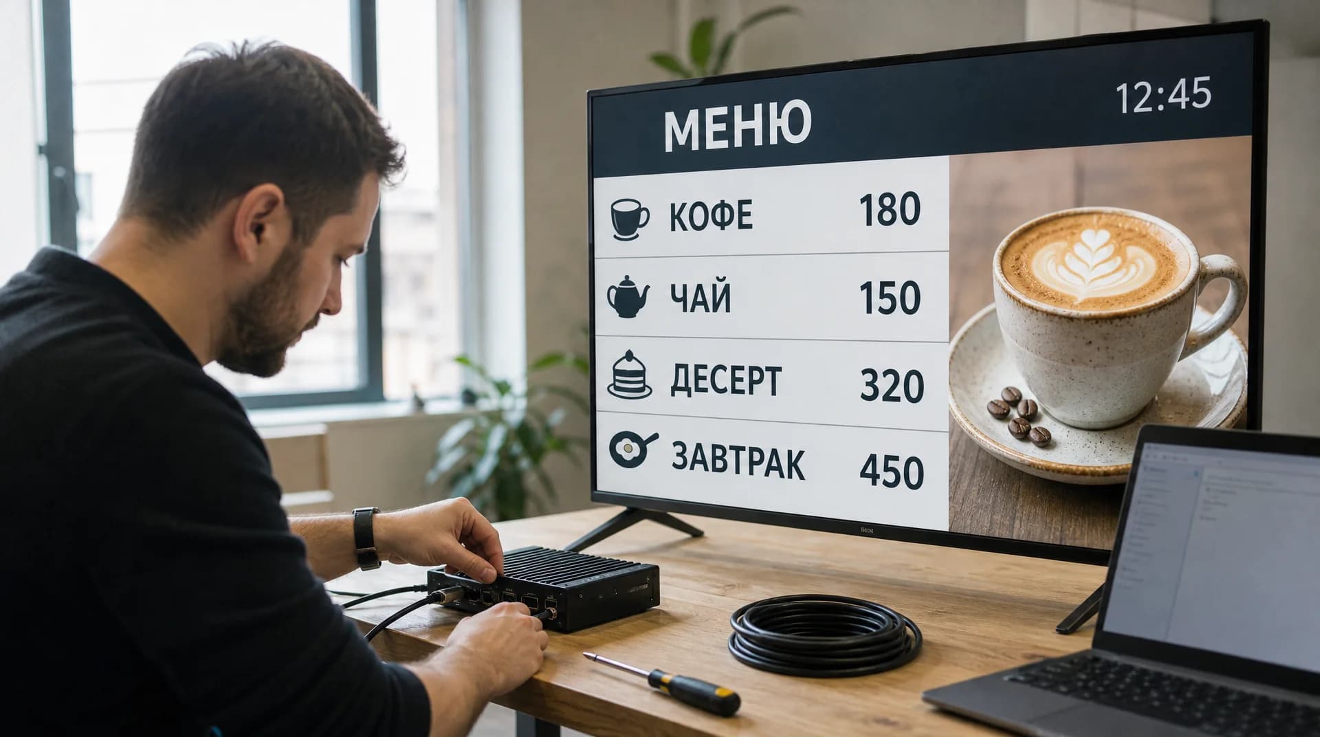 Инженер-интегратор на стенде подключает медиаплеер к профессиональной панели, на экране собранное им меню кафе