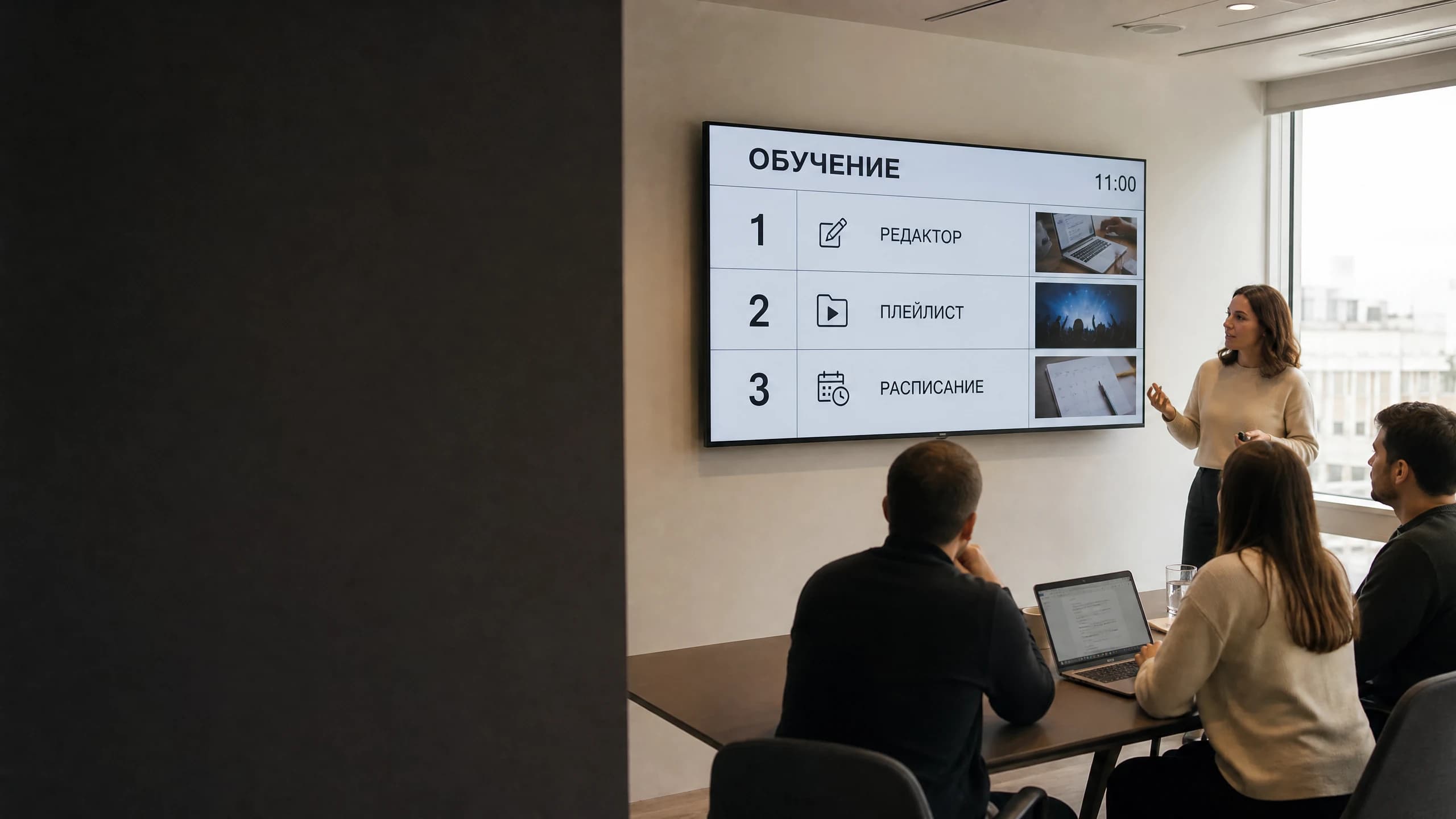 Занятие в переговорной: инженер объясняет работу с системой у большого экрана, на экране план занятия — редактор, плейлист, расписание