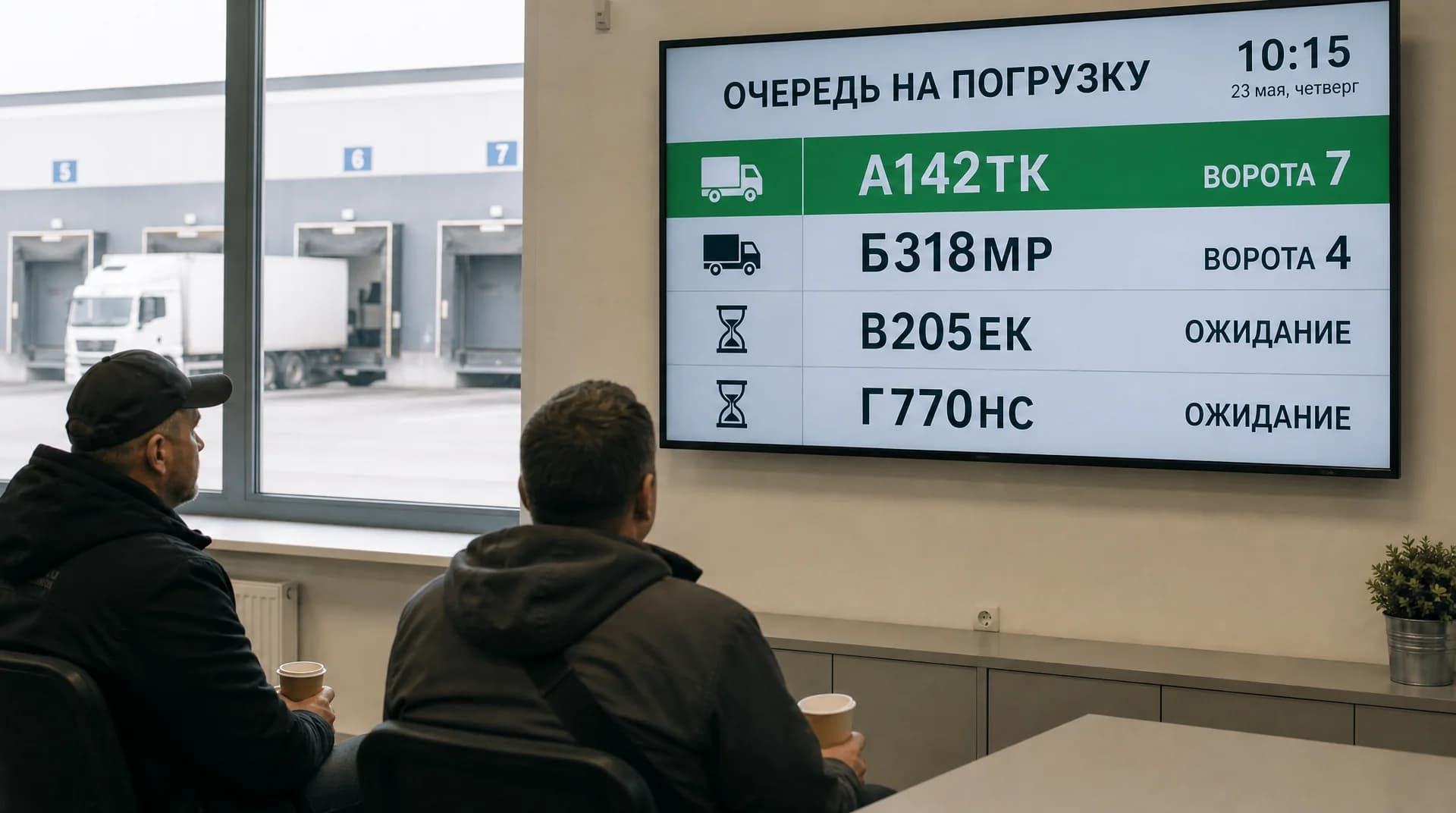 Экран с очередью на погрузку в комнате ожидания водителей распределительного центра: номера машин и номера ворот