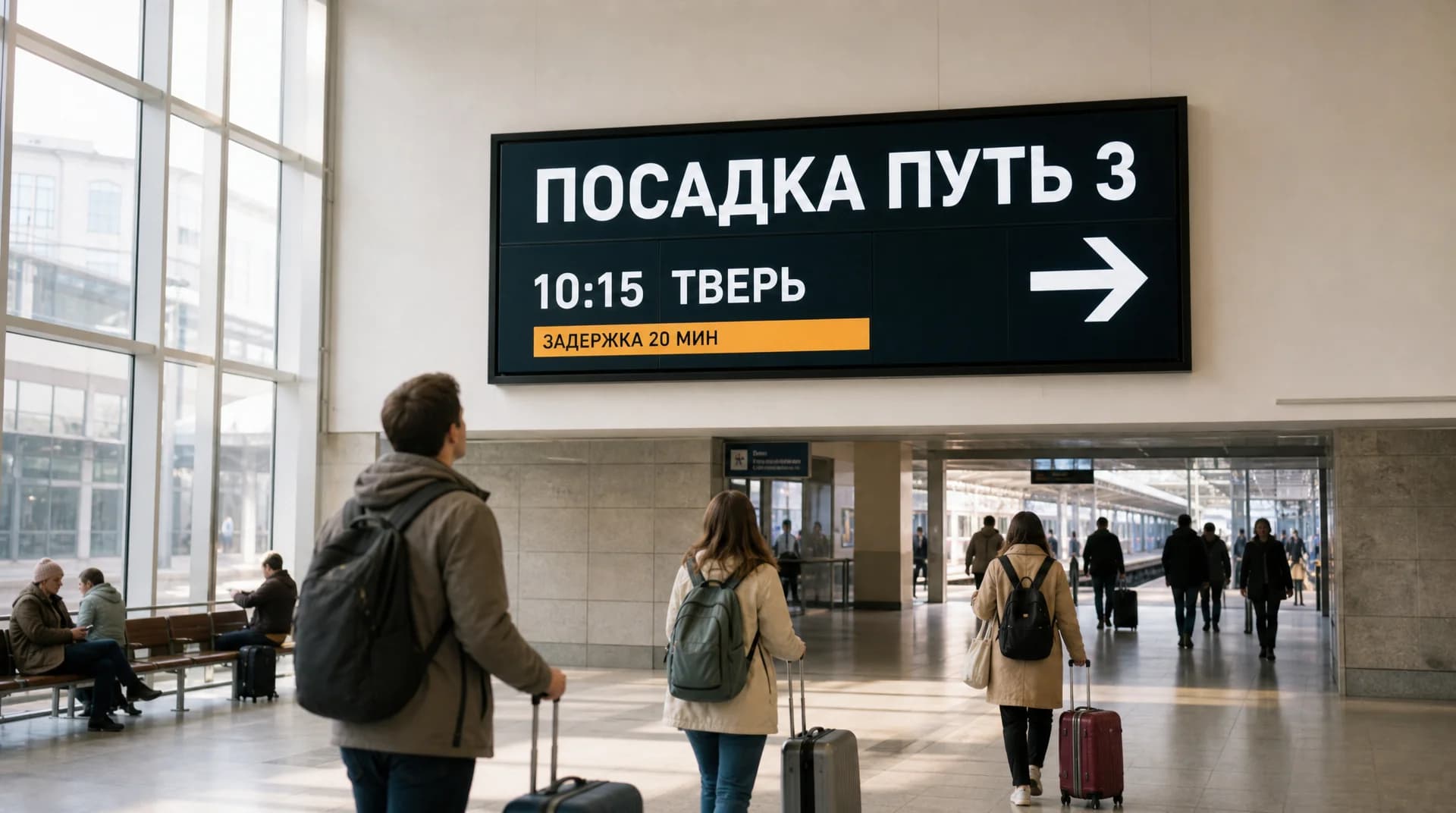 Экран у выхода к платформам с крупной строкой посадки и номером пути, пассажиры с чемоданами читают его на ходу