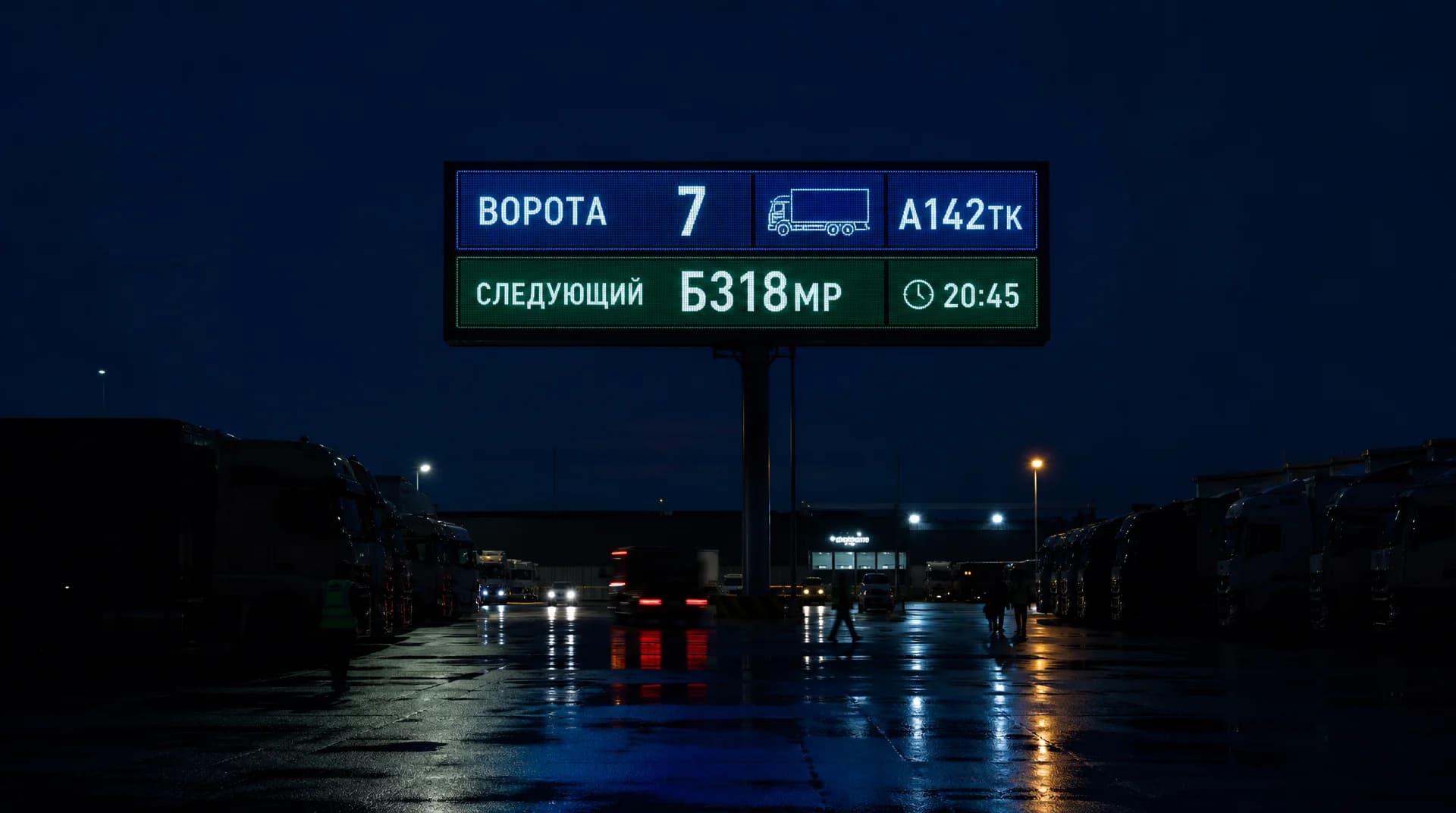 Светодиодное табло автомобильной очереди во дворе логистического терминала: номер машины и номер ворот, фуры ждут погрузки