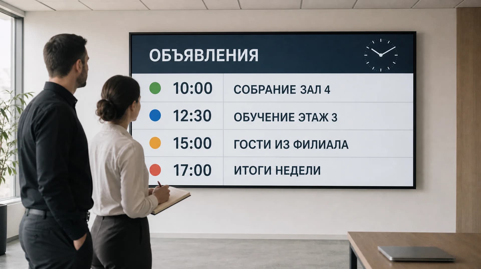 Инженер и сотрудница компании стоят у настенного экрана с доской объявлений: время собраний, обучения и итогов недели