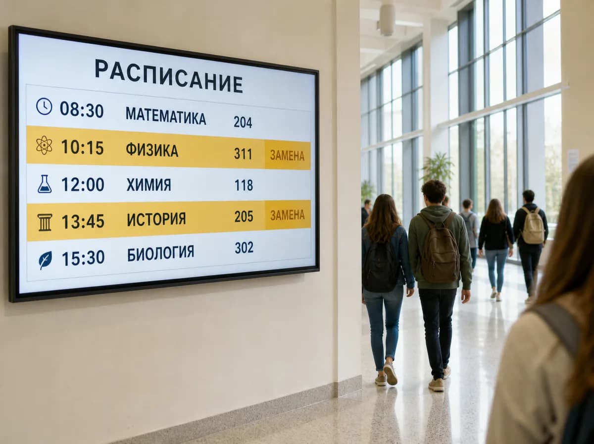 Расписание занятий и замены на экране в холле