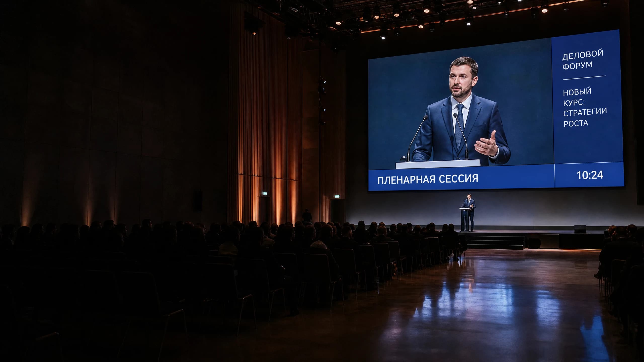 Конференц-зал во время выступления: на большом экране над сценой живая картинка с камеры, под ней полоса с названием сессии и временем