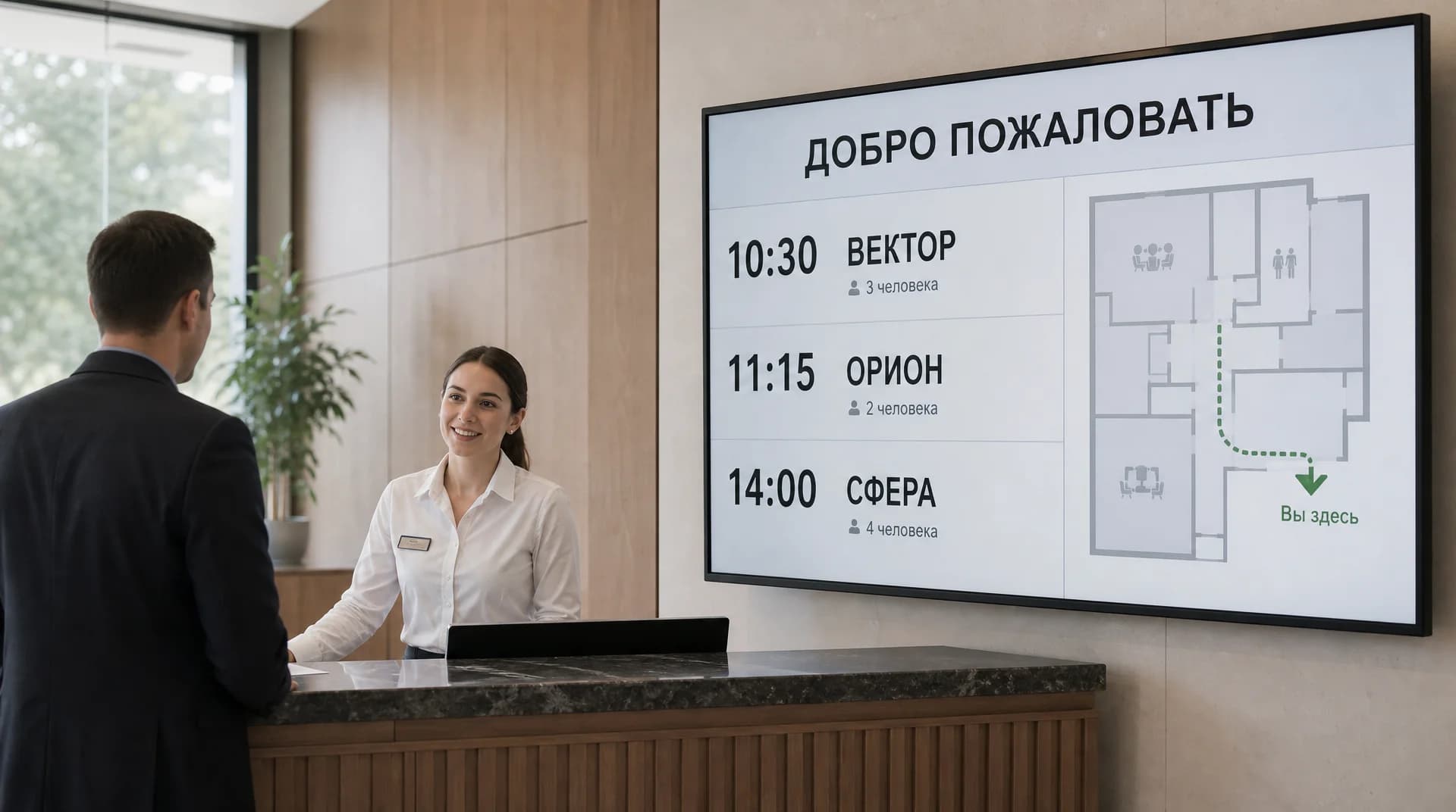 Экран на ресепшн бизнес-центра с приветствием гостя и навигацией по этажам, администратор встречает посетителя