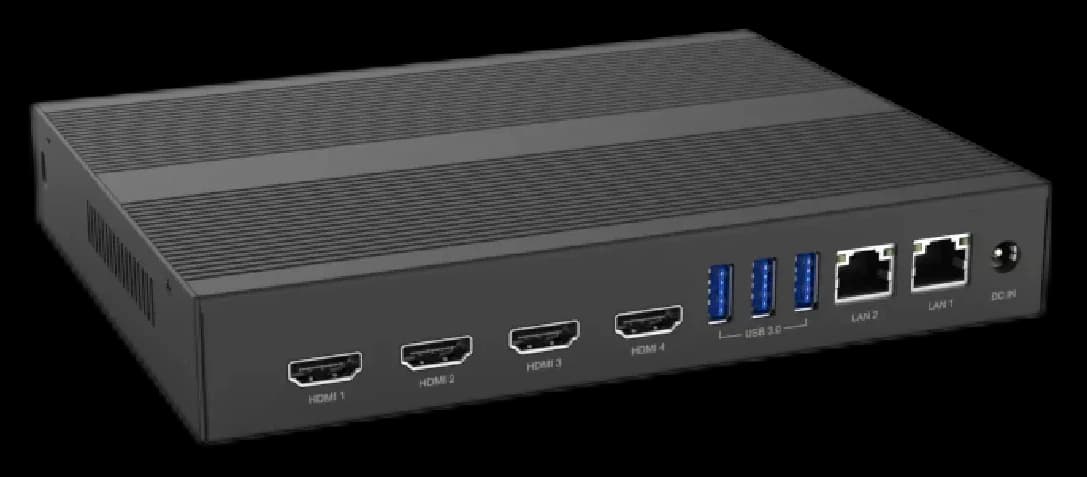 Задняя панель медиаплеера CVP-530: четыре выхода HDMI, три порта USB 3.0, два порта Ethernet и разъём питания с подписями