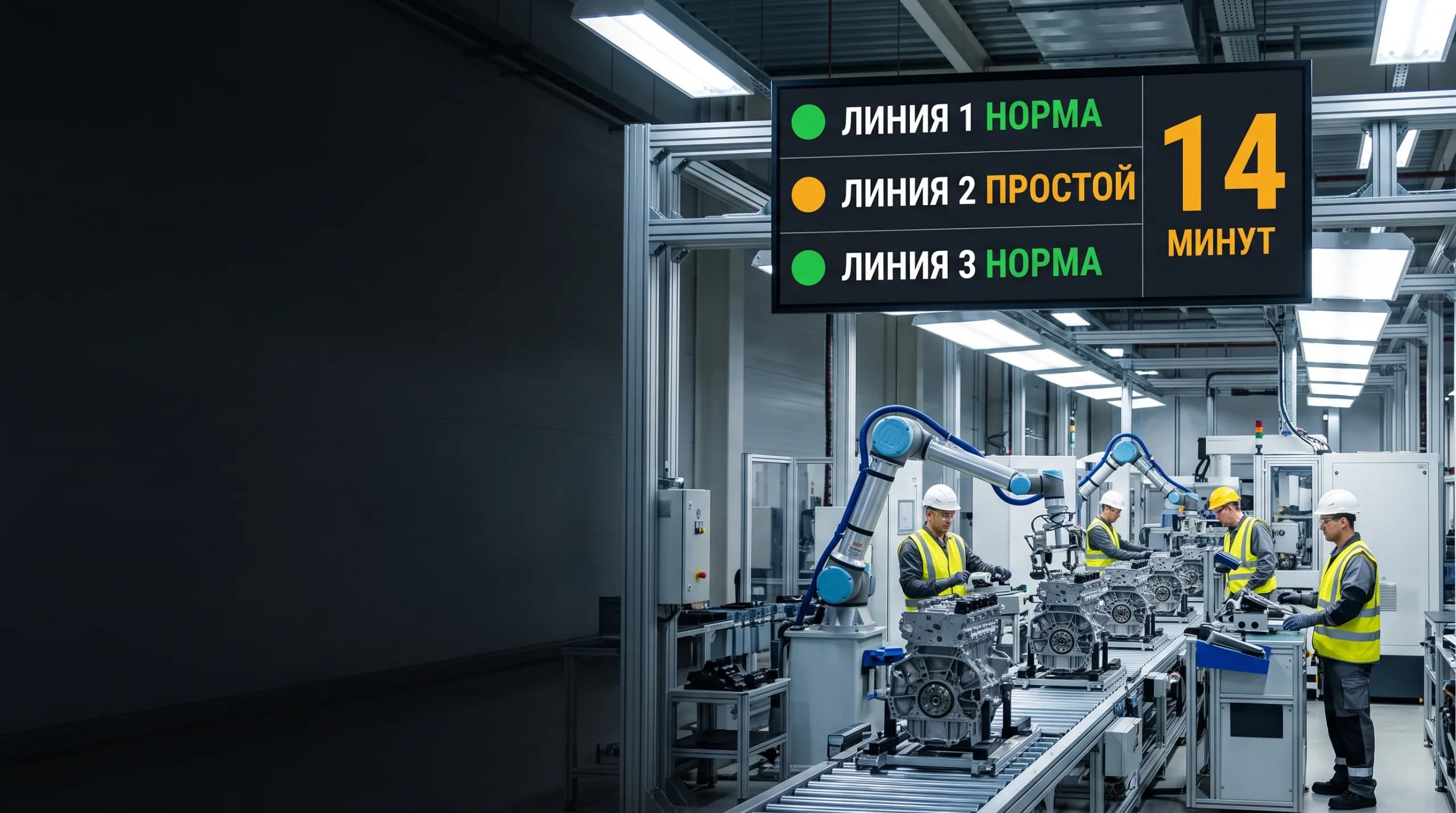Андон-табло над сборочной линией завода показывает статус трёх линий и время простоя, рабочие в касках у конвейера