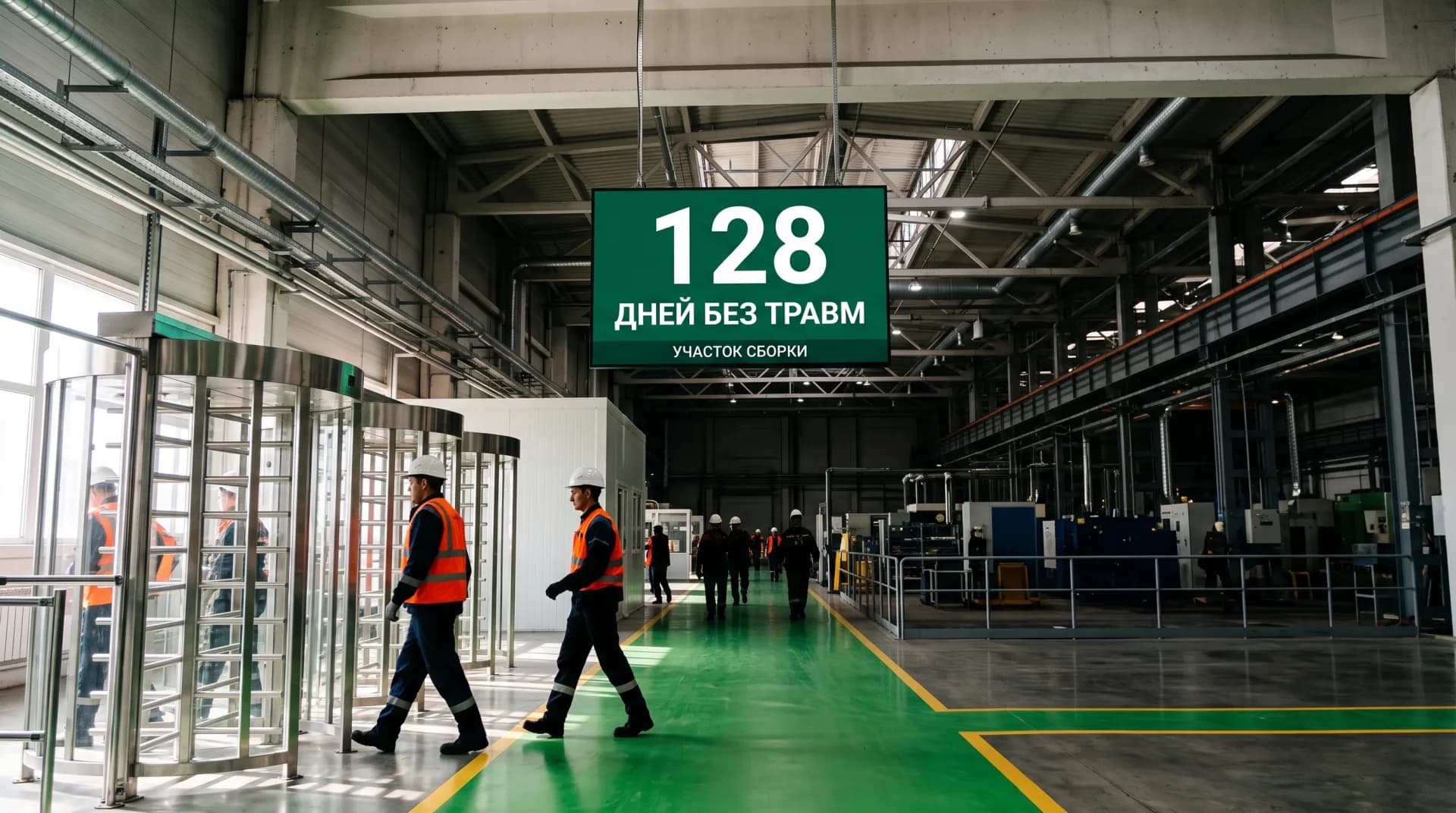Электронное табло со счётчиком дней без травм на проходе в цех, рабочие в касках идут через турникеты