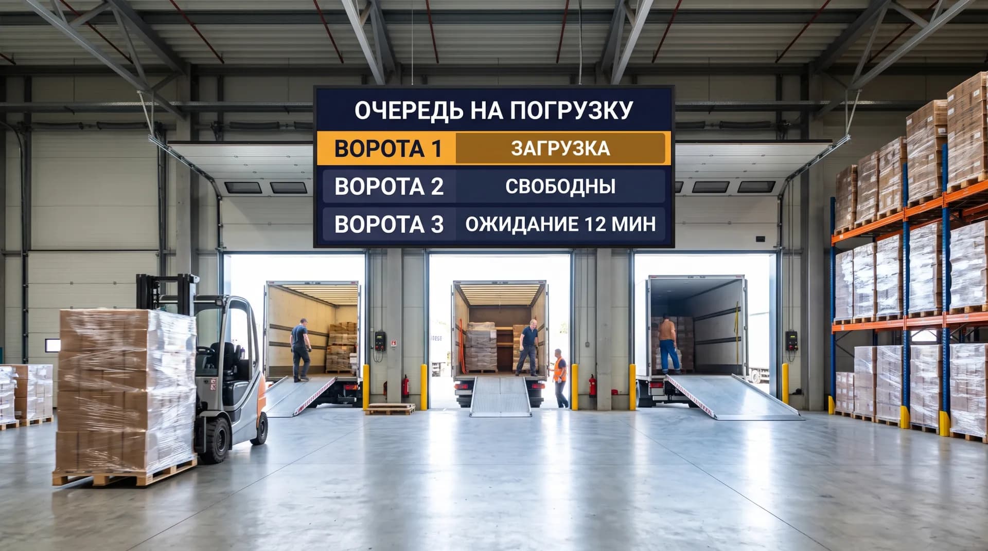 Табло очереди на погрузку над доками склада, погрузчик с паллетами, машина у открытых ворот