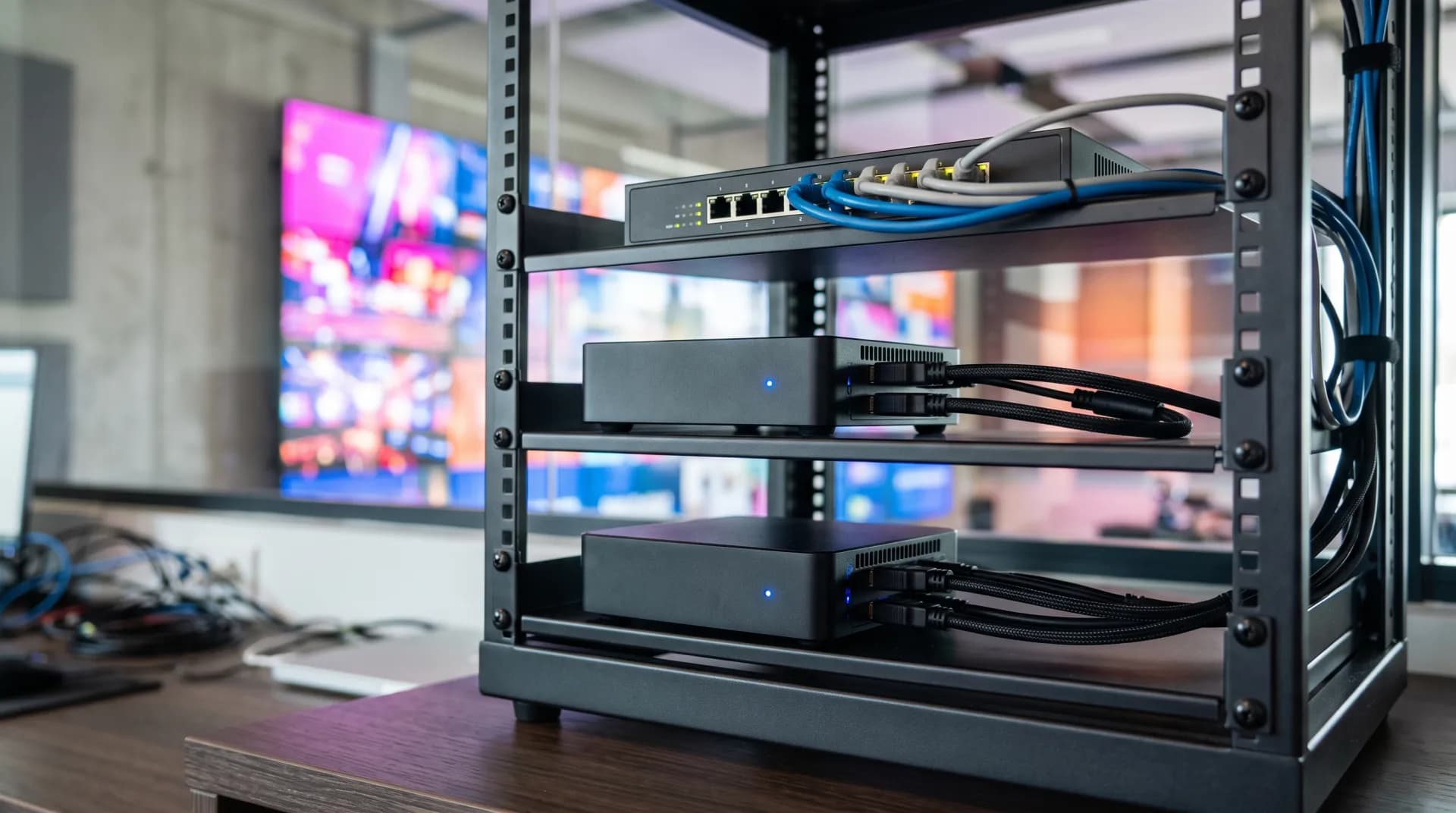 Два компактных безвентиляторных медиаплеера на полках стойки, кабели HDMI уходят к панелям видеостены